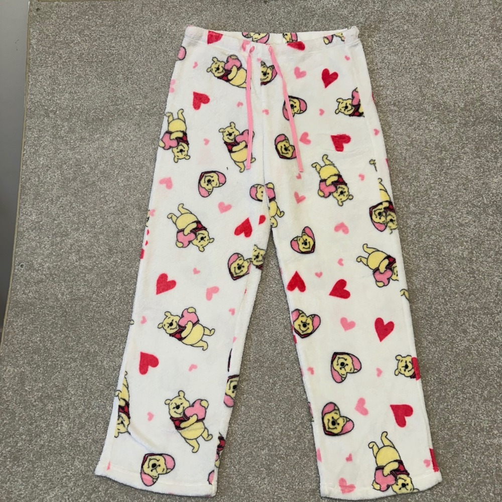 Disney Winnie the Pooh Plush Fleece Pajama Pants White Hearts Womens Large - Picture 1 of 4